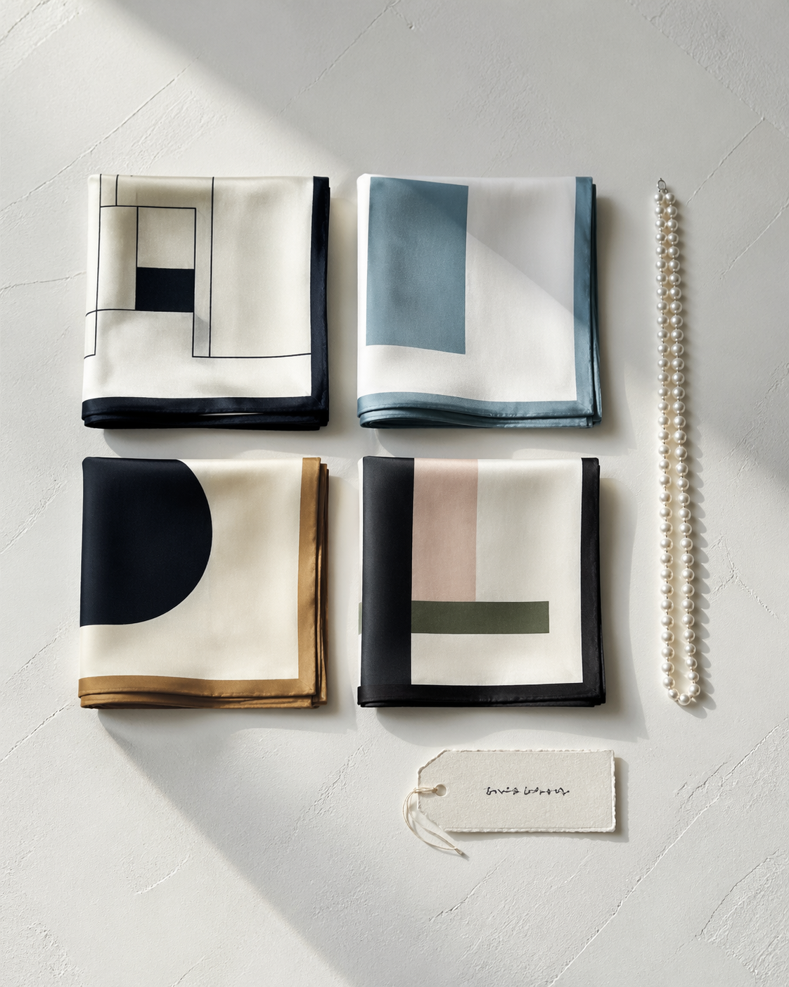 Vintage dealer's tabletop — folded silk scarves, pearls, brass compact