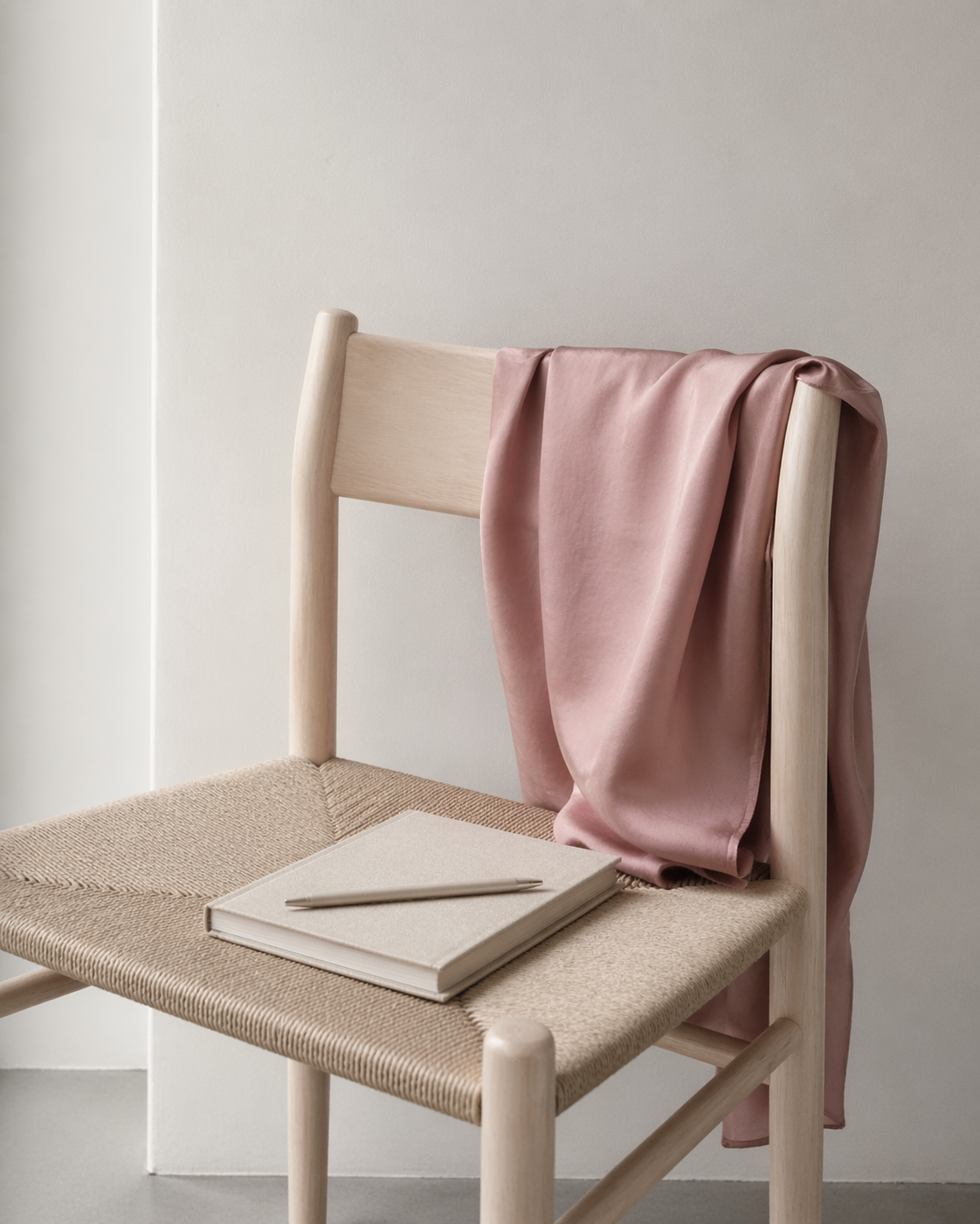 Antique chair with unfinished silk fabric, notebook and pen