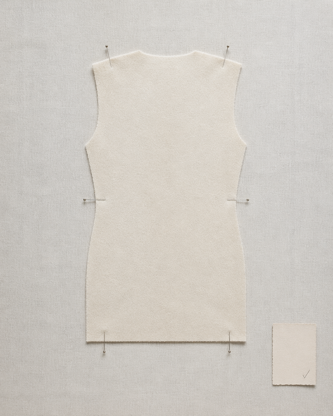 Cream wool garment panel with tailor's pins arranged around its edges