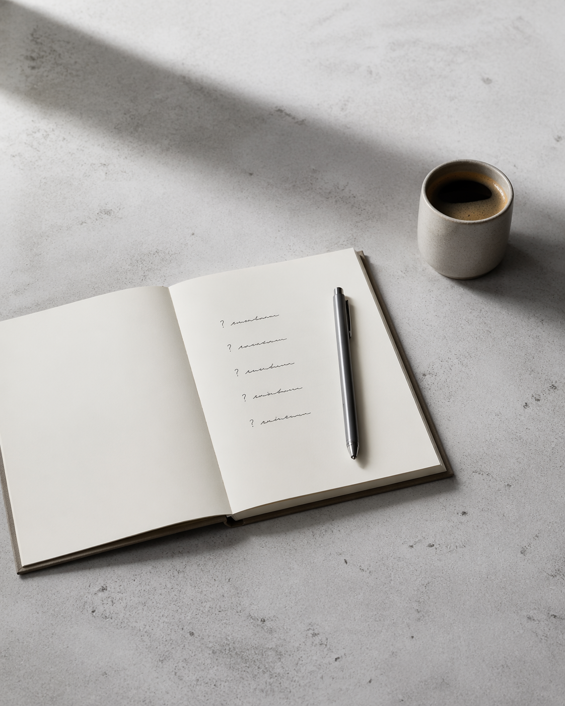 Open leather notebook with handwritten questions, fountain pen, espresso cup